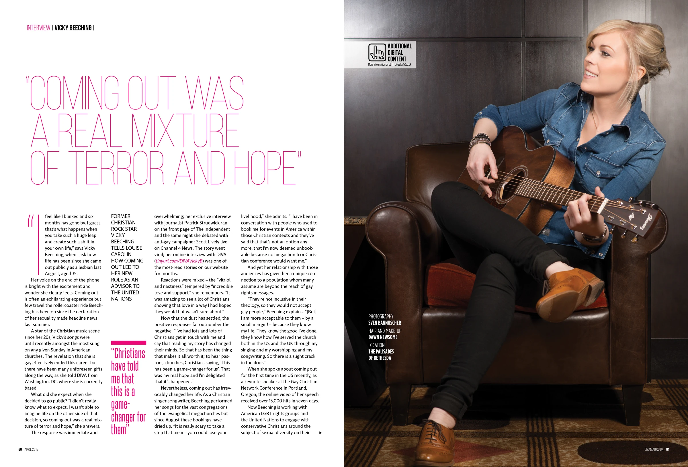 Published DIVA editorial spread with Vicky Beeching seated playing guitar