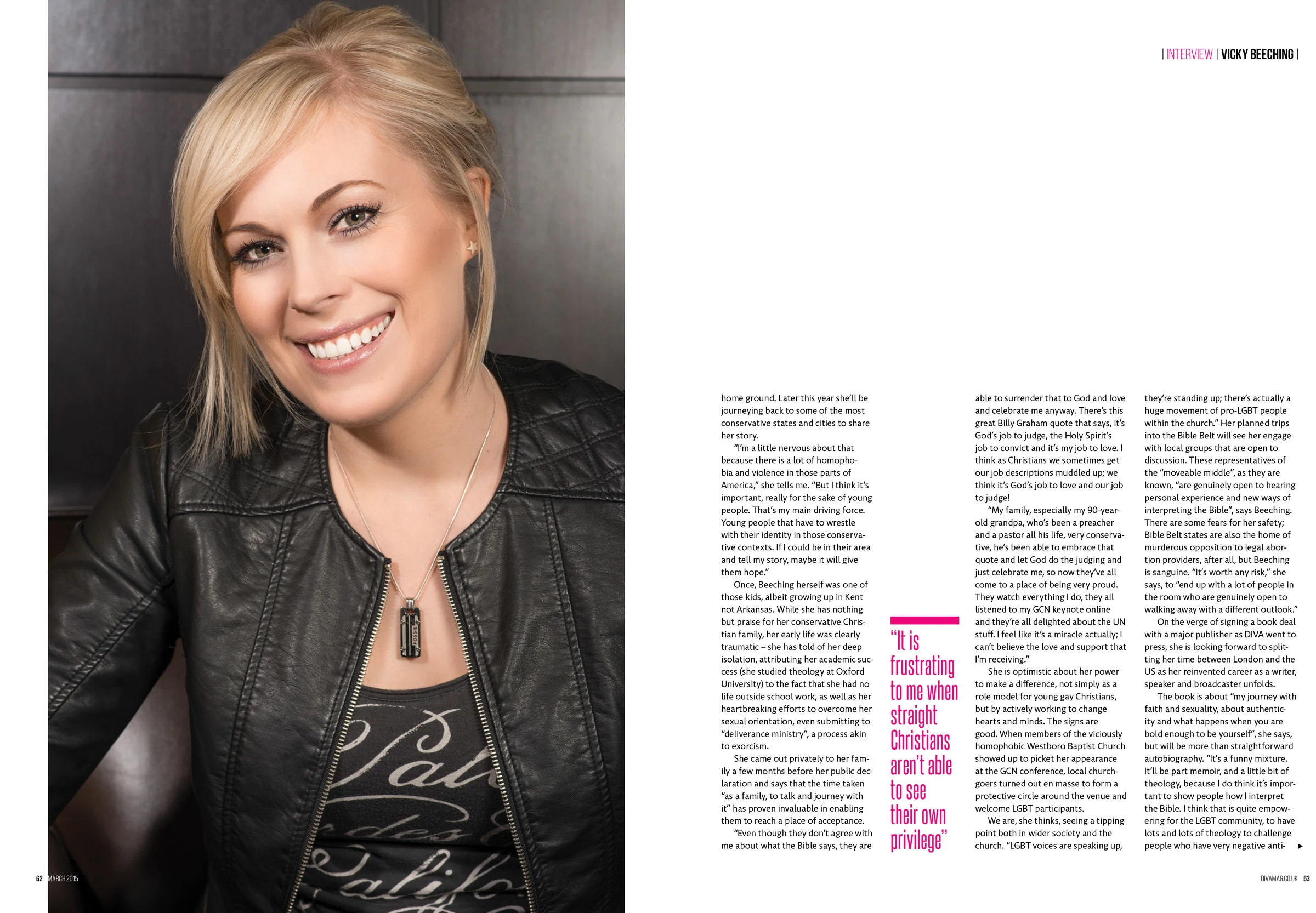 Published DIVA editorial spread with a close portrait of Vicky Beeching